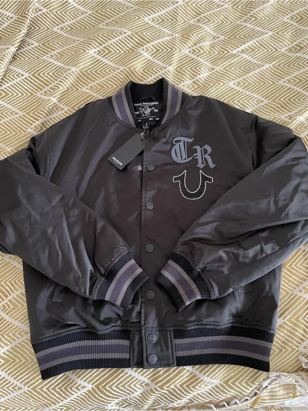 True Religion Black Satin Varsity Jacket with Gray Trim